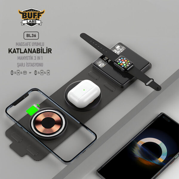 Buff 15W 3in1 Katlanabilir Kablosuz Şarj İstasyonu – Siyah