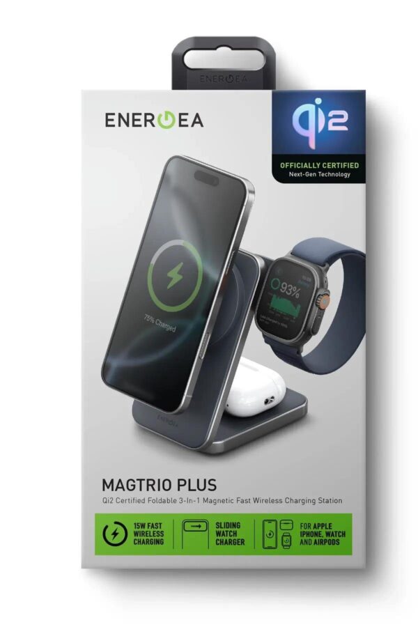 Energea MagTrio Plus 3in1 Qi2 15W Şarj Standı – Gri